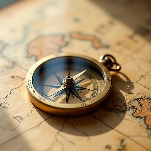고풍스러운 지도 위에 놓인 황동 나침반