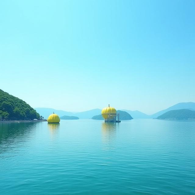 세토 내해의 나오시마 섬과 노란 호박 조형물